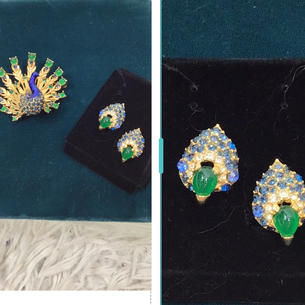 Marcel Boucher signed Gold, blue, green Peacock earrings vintage designer